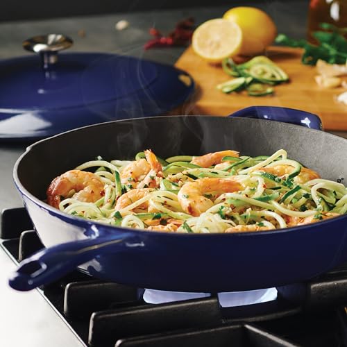 12-Inch Enameled Cast Iron Skillet with Lid - Blue, Durable Nonstick Surface