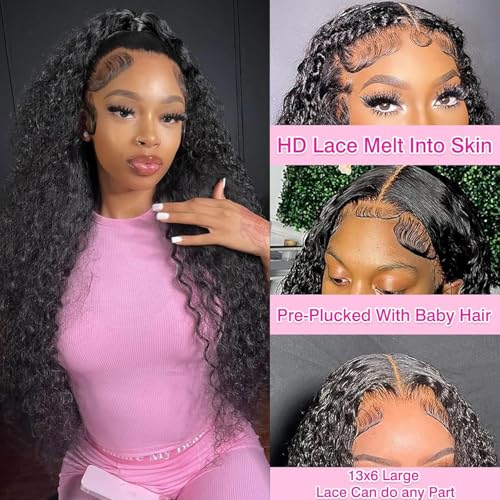 BVLBVL 20in Deep Wave Lace Front Wig Human Hair 13x6 HD Pre-Plucked 180% Density Natural Black