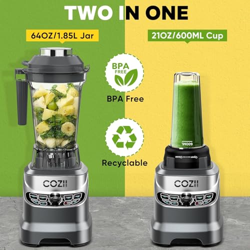 COZII 2000W Professional Kitchen Blender 64oz Smoothie & 21oz To-Go Cup - Sky Grey