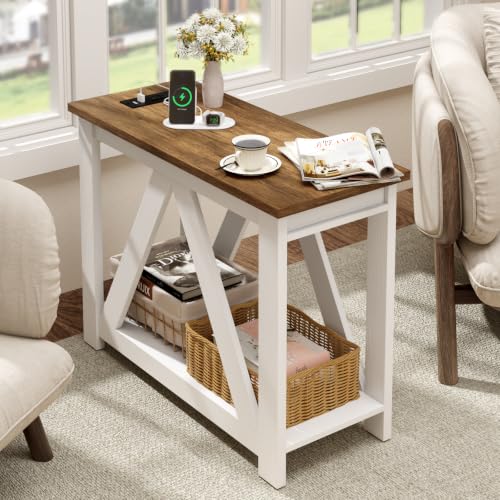Farmhouse Narrow End Table with Charging Station - White & Honey Brown, Variation 1