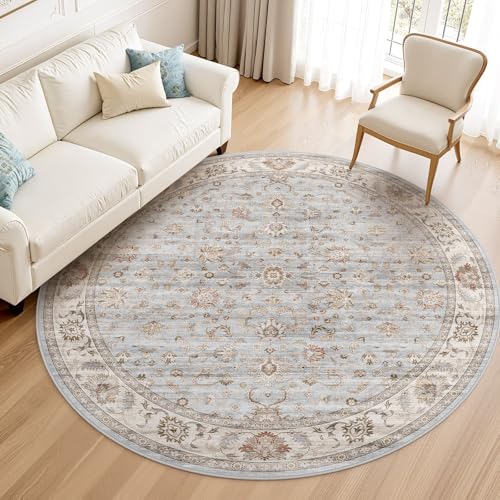 8ft Round Washable Area Rug - Non-Slip Boho Carpet with Vintage Floral Pattern - Dusty Blue-Gray/Skye/Cerulean Variation