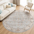 8ft Round Washable Area Rug - Non-Slip Boho Carpet with Vintage Floral Pattern - Dusty Blue-Gray/Skye/Cerulean Variation