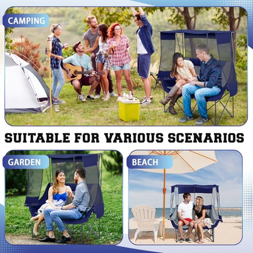 Teenyyou Double Camping Chair with Canopy - Blue & Grey Heavy Duty Support 660lbs