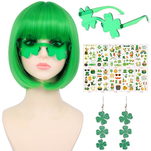 Green Bob Wig with Bangs, Accessories & Stickers for St Patrick's Day Costume