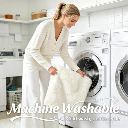 6x9 Ft Ivory Machine Washable Large Area Rug for Living Room & Bedroom - Soft Fluffy Shaggy Floor Carpet