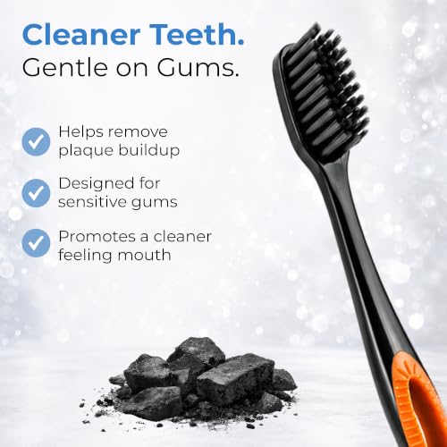 12 Pack Activated Charcoal Soft Toothbrushes with Ultrafine Tapered Bristles - Compact Head & Slim Design