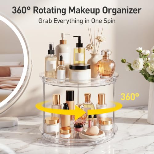 LazySpin 360° Rotating Makeup & Skincare Organizer, Clear Dual-Tier Countertop Storage