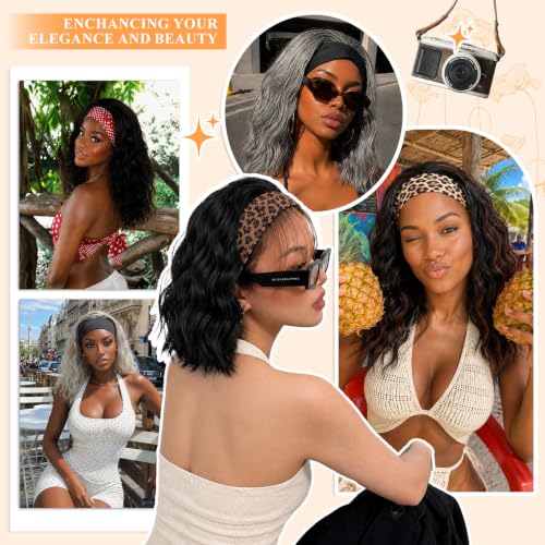 Black Short Wavy Headband Wig for Women 14 Inch Synthetic Tangle-Free Natural Look - Variation: Black Wavy 14 Inch