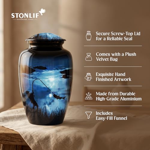 Fishing Urn for Human Ashes - Large Blue Cremation Memorial with Velvet Bag & Funnel - Variation: Large Fishing