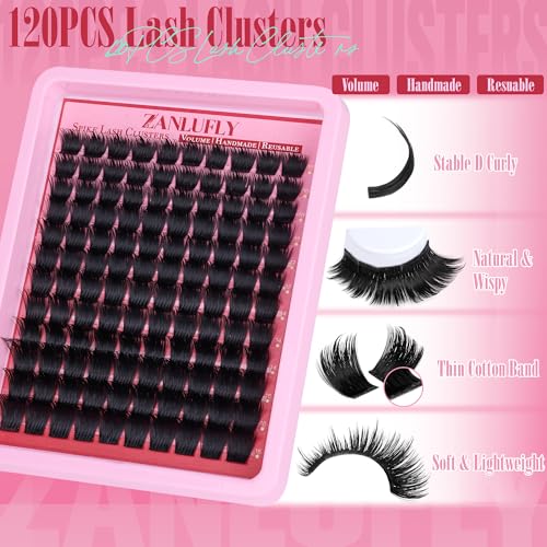 zanlufly Volume Lash Clusters Spiky Eyelash Clusters 120 Pcs Thick Cluster Eyelash Extensions with Thin Band 10-16mm Handmade Reusable Individual Eyelashes D Curly Lash extension DIY at Home
