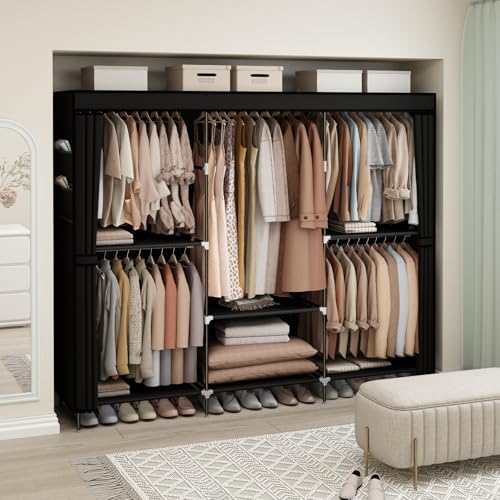 83-Inch Portable Wardrobe Closet with Dust Cover, 5 Hanging Rods & 6 Shelves, Black