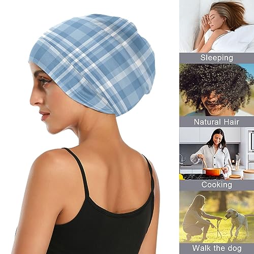 Satin Bonnet Wrap for Sleeping - Lined Sleep Cap for Curly Hair Women & Men - Blue Plaid