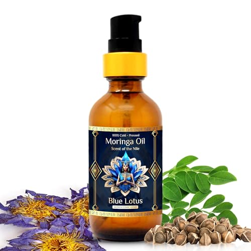 Pure Organic Moringa Oil with Blue Lotus Flower ? Deep Hydrating & Anti-Aging Ritual Oil for Skin, Hair & Nails ? Premium 100% Cold Pressed Moringa Seed Extraction, Nourishes & Hydrates Skin 2oz.
