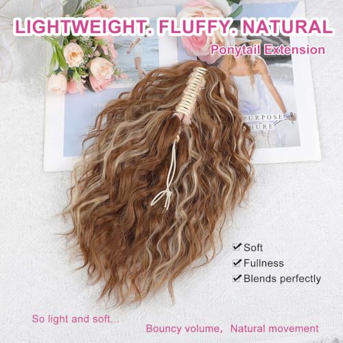 AISI BEAUTY 14 Inch Reddish Orange Ponytail Extension with Blonde Highlights, Curly Clip-In Hairpiece