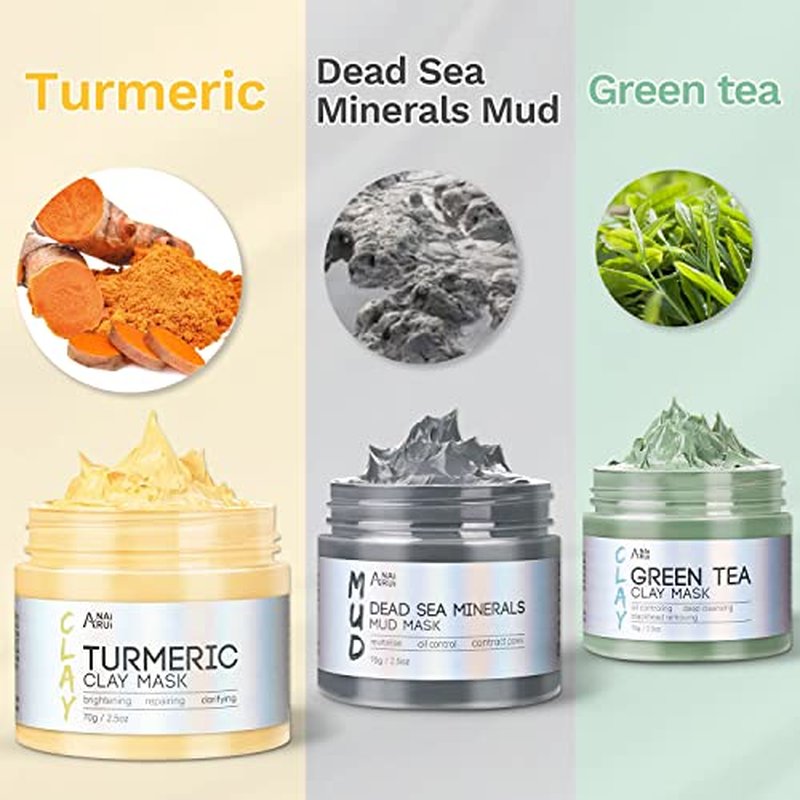 ANAI RUI SPA Mask Set-Turmeric Clay Mask,Green Tea Mask,Rose Clay Mask and Dead Sea Mud Mask for Facial Mask for Deep Cleansing, Moisturizing and Pore Cleansing Total 140g