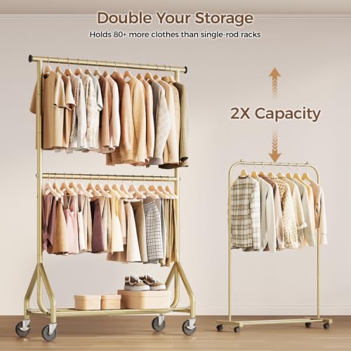 Heavy Duty Clothes Rack with Double Rod - Adjustable Freestanding Garment Organizer, Rolling Wardrobe, Gold
