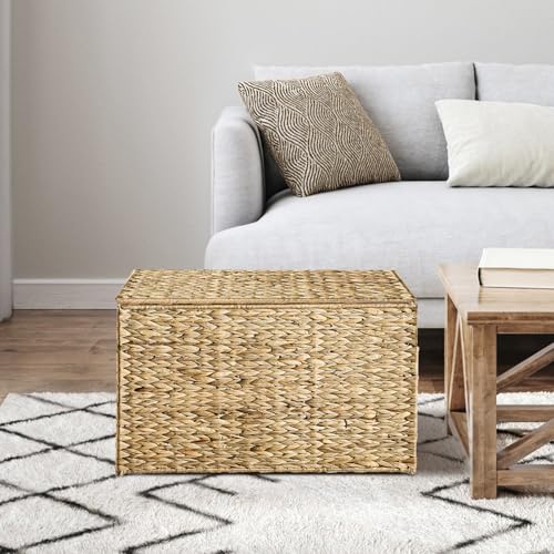 Water Hyacinth Storage Basket with Lid - 105L Natural Wicker Bin 26x15.7x15.7 Inches