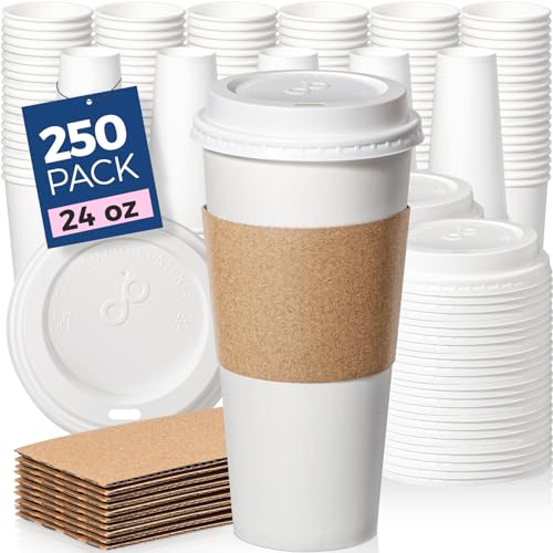 Fit Meal Prep 24 oz Disposable Coffee Cups with Lids & Sleeves, 250 Pack – Leak-Proof Hot & Cold To-Go Cups