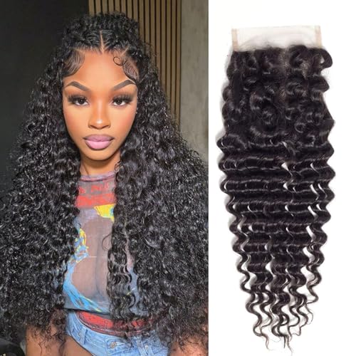 18 Inch Deep Wave Lace Closure Human Hair Extensions for Black Women - Free Part, Pre-Plucked, Natural Black