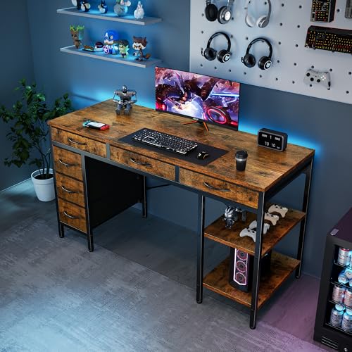 Rustic Brown 55-Inch Computer Desk with 6 Fabric Drawers & Adjustable Shelf