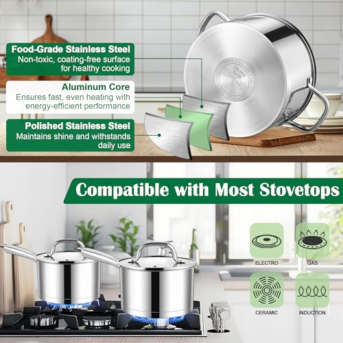 E-far 10-Piece Stainless Steel Cookware Set with Glass Lids, Induction Ready