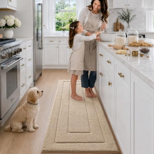 DEXI Beige Bathroom Runner Rug 72x24 Non-Slip Microfiber Bath Mat