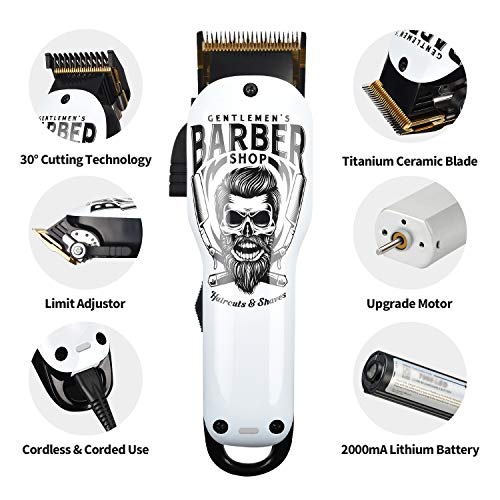 Men's Hair Clipper Kit - Professional Grooming Set with Self-Sharpening Blades, 240 Min Cordless Use - White