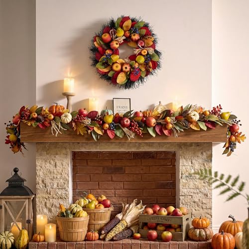 24-Inch Collapsible Pre-Lit Fall Wreath with Apples Berries & Lights
