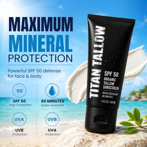 Mineral Sunscreen SPF 50 with Organic Grass-Fed Beef Tallow - Reef Safe, Broad Spectrum for Face & Body - 5 Oz