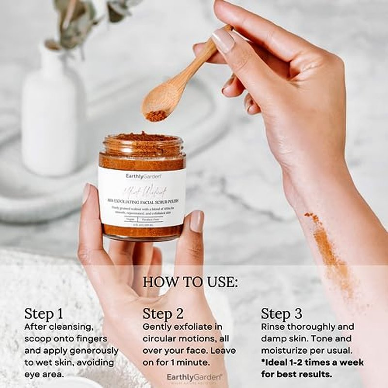 Earthly Garden Mint Walnut Exfoliating Face Scrub with AHA ? Natural Microdermabrasion & Deep Pore Cleanser for Blackheads, Acne Scars & Glowing Skin ? 2 oz