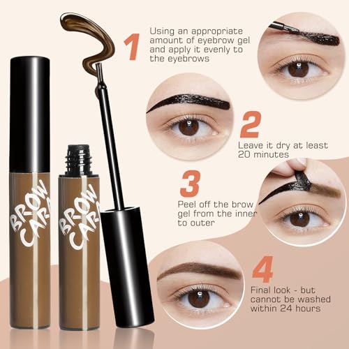 Eyebrow Gel - Peel Off Eyebrow Tint With Eyebrow Stencils, Long-lasting Brow Gel for Strong Hold & Natural Finish, Waterproof Eyebrow Makeup for Fuller & Defined Looking Brows (Warm Brown)