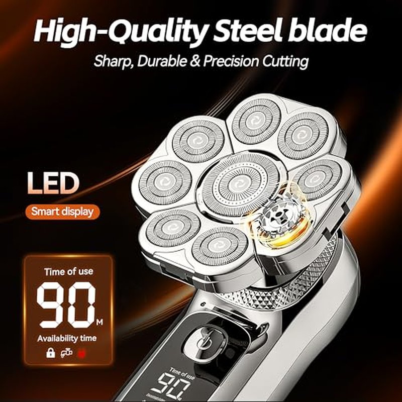 9D Head Shaver for Bald Men, 6-in-1 Electric Grooming Kit, Cordless Rechargeable Wet & Dry Waterproof Skull Razor with Nose Trimmer, Hair Clipper & Body Grooming Attachments