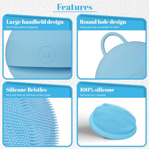 Blue Silicone Body Scrubber with Handle - Exfoliating Shower Brush & Bath Sponge
