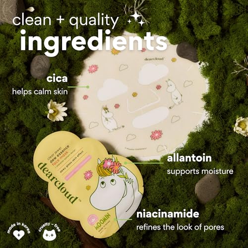 dearcloud Moomin' Clear Jewel Dew Essence Face Mask, Korean Sheet Mask - Allantoin, Niacinamide & Cica (3 Count)