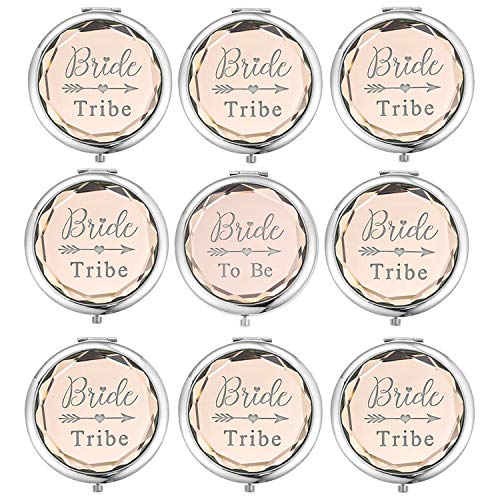 Pack of 9 Compact Pocket Makeup Mirrors Set Include 1 Bride to Be Mirror and 8 Bride Tribe Mirrors Bachelorette Party Bridesmaid Proposal Gifts (Champagne)