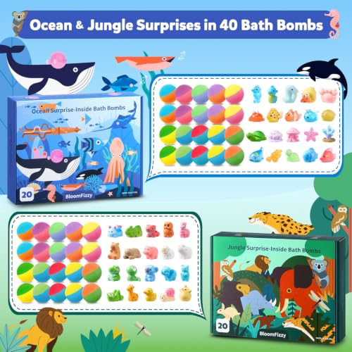 Kids Bath Bombs with Ocean & Jungle Animal Toys - 40 Pack Gift Set