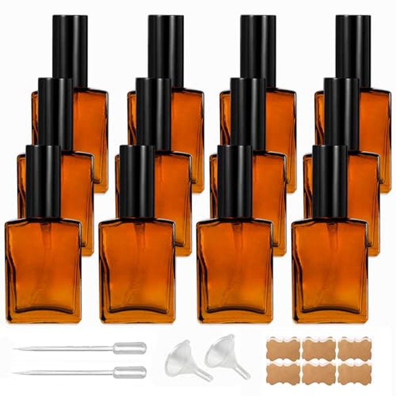 12 Pack 1 oz Amber Glass Perfume Spray Bottle, 30ml /1 oz Fine Mist Atomizer Spray Bottles Refillable, for Perfume, Essential Oil and Liqui (D/Amber)