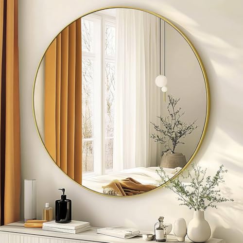 30 Inch Gold Round Mirror with Brushed Metal Frame - Wall Decor, HD Glass, Easy Install