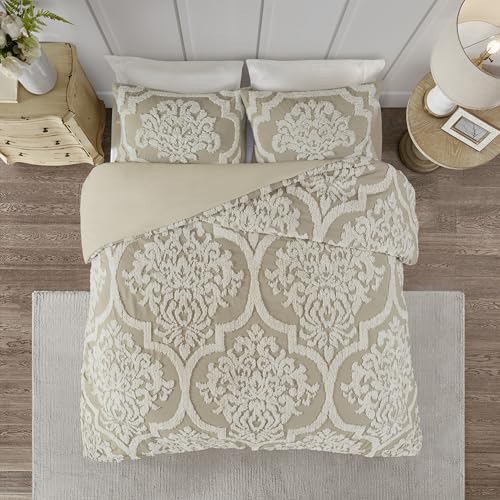 Madison Park Viola King Duvet Cover Set in Taupe - Tufted Cotton Damask Bedding