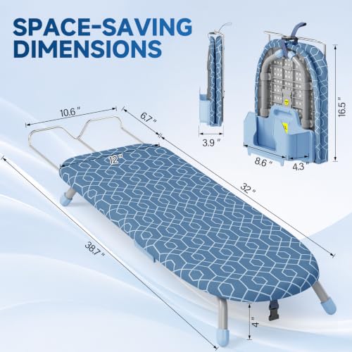 Small Ironing Board with Iron Rest & Holder - Blue, Foldable Compact Design