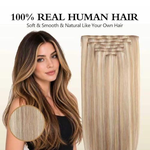 Clip in Human Hair Extensions 18 Inch 120g - Highlight Golden Brown & Bleach Blonde, 7Pcs - Virgin Remy Hair
