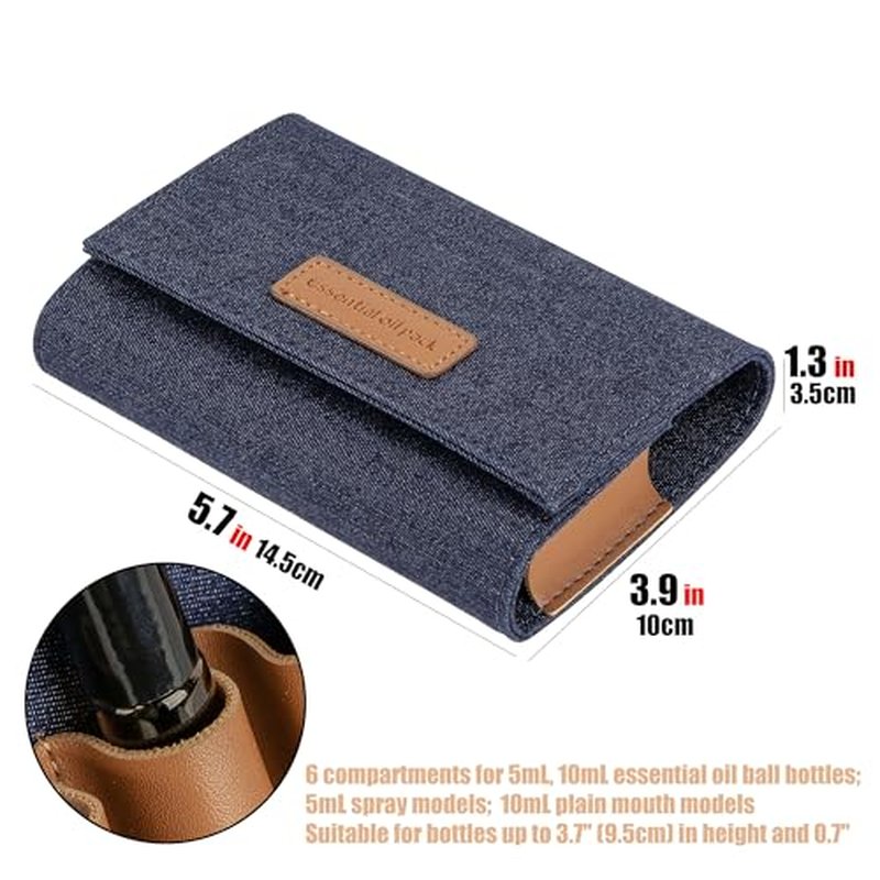 Essential Oil Carrying Bag, Holds 6 Bottles (5mL-10mL Roller Bottles), Travel Essential Oil Bag for Purse, Portable Organizer Holder for Essential Oils, Perfume, Lipstick, Lip Balm (Blue)