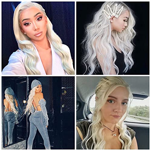 Blonde Curly Lace Front Wig 24 Inch Water Wave Synthetic Hair for Women - Platinum #60 - Natural Look & Heat Resistant - Variation of Blonde