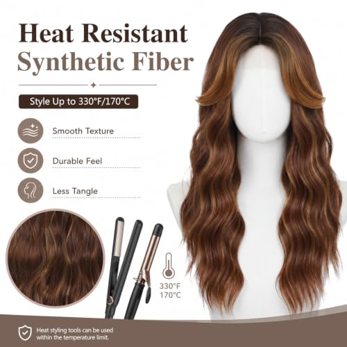 Auburn Caramel Brown Wigs for Women 22 Inch Middle Part Wavy Synthetic Wig - Variation of THIS Listing