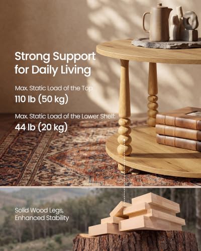 VASAGLE Natural Brown 2-Tier Round Coffee Table with Storage & Wooden Legs