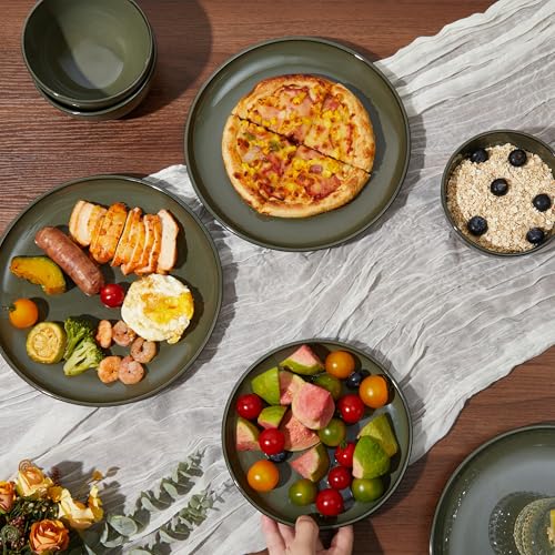 Pokini 12-Piece Stoneware Dinnerware Set for 4, Reactive Glaze, Blackish Green