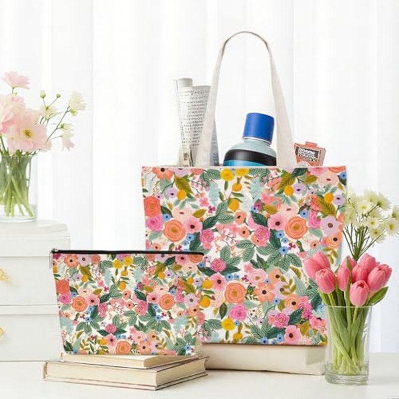 Aesthetic Floral Canvas Tote Bag Makeup Bag Set Flower Decor Gifts for Women Girls Daughter Friend Bestie Vacation Travel Work Birthday Christmas Reusable Shopping Grocery Bags Travel Cosmetic Bags