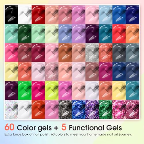 ROSALIND 65PCS Gel Nail Polish Set 60 Colors Glitter Red + Top & Base Coats - Variation of THIS listing