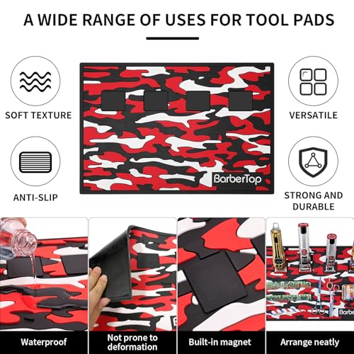 Barber Magnetic Mats,Anti-Slip Flexible Rubber Scissors Salon Mat,11.8Wx17.7L Tools Countertop Silicone Heat Resistant Styling Tools Magnetic Organizer Mat Magnetic Hair Clippers Mat (Red)
