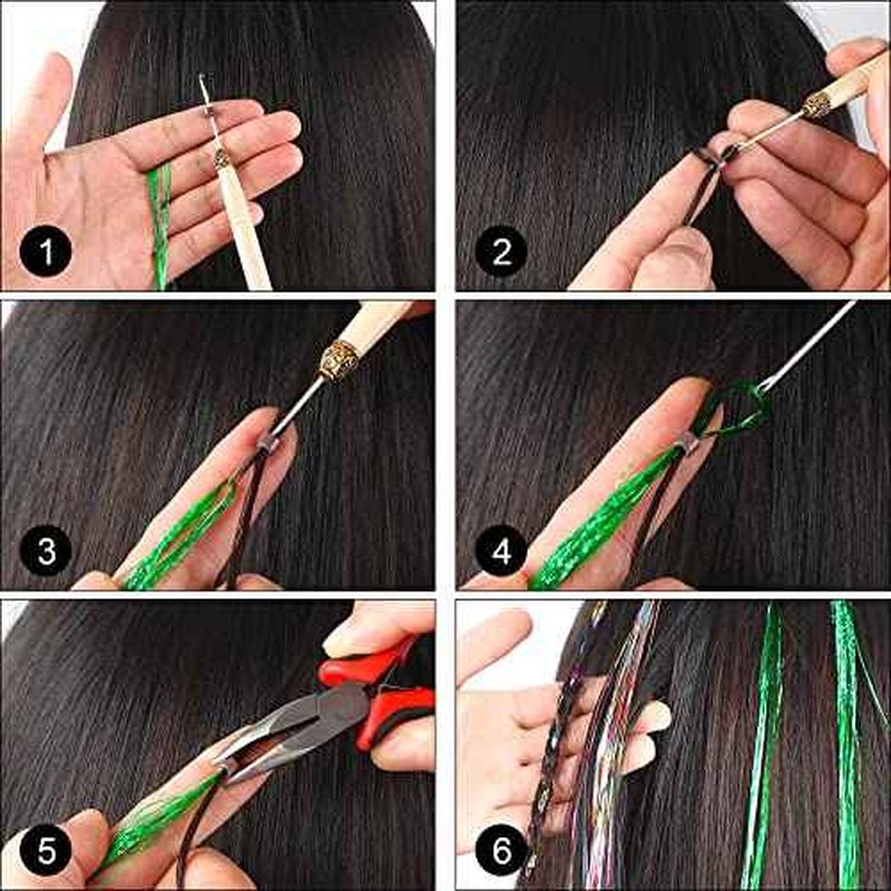 FEBSNOW 47 Inches Tinsel Hair Extension with Tool 3600 Strands 18 Mixed Colors Hair Extension Tinsel Kit Glitter Hair Extensions for Women Girls Hair Accessories for Christmas New Year Cosplay Party